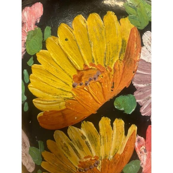 Vintage Hand Painted Pottery Jar Black Glaze Floral Folk Art Vase Rustic Décor - Picture 5 of 8